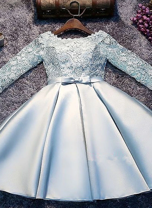 Homecoming Dresses Alia Lace Satin Light Blue And Long Sleeves Party Dress Cute Short Graduation CD8766