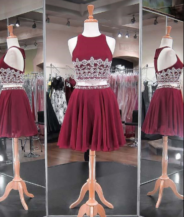 Phyllis Homecoming Dresses Chiffon Two Piece Beadings Skirt Fashion Style Short Party Gowns CD878