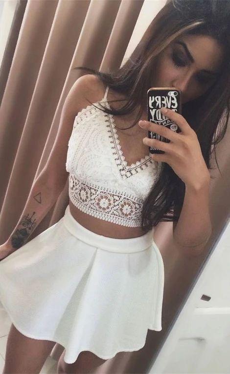 Two Piece Spaghetti Straps Short White With Lace Homecoming Dresses Jimena CD8957