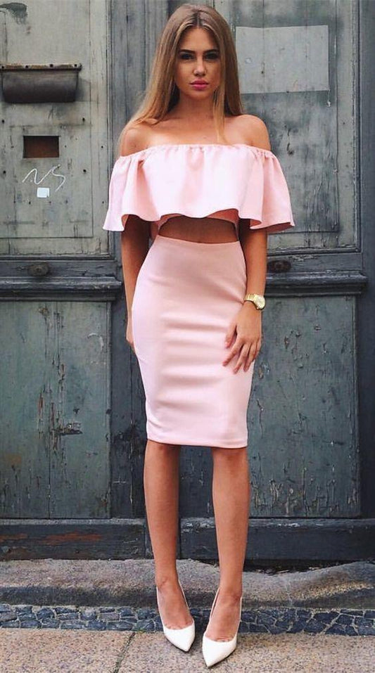 Two Piece Off-The-Shoulder Knee-Length With Homecoming Dresses Pink Ida Ruffles CD916