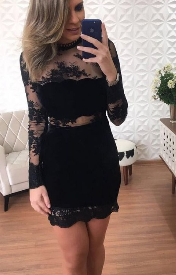 Black Sheath Long Sleeve See Lace Beryl Homecoming Dresses Through CD925