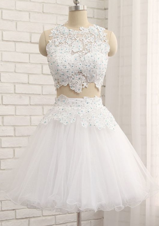 White Tulle Short Dress Lace Homecoming Dresses Two Pieces Savannah CD931