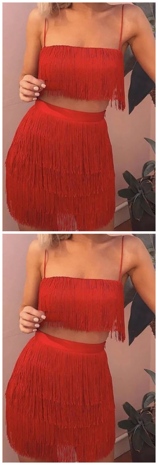 Sleeveless Spaghetti Strap Fringe Crop Top Bodycon Two Piece Mini Mariah Homecoming Dresses CD9312