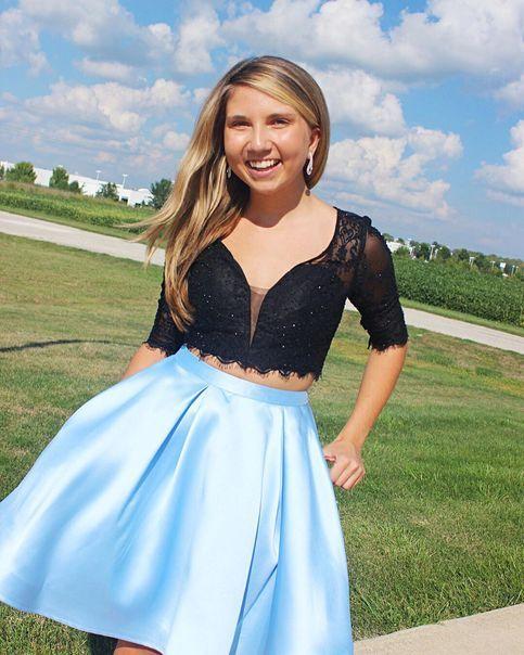 Two Piece Black And Light Sky Blue Homecoming Dresses Louise Short CD9552