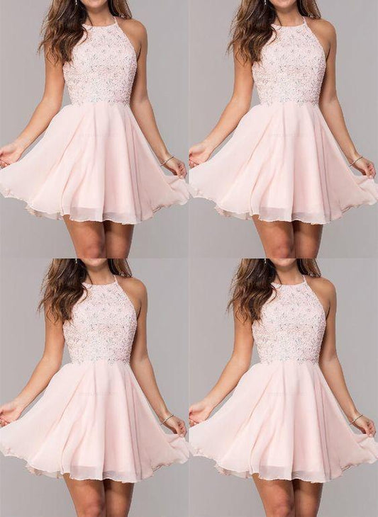 Light Pink Homecoming Dresses Chiffon Sadie Short Beaded Halter CD9780