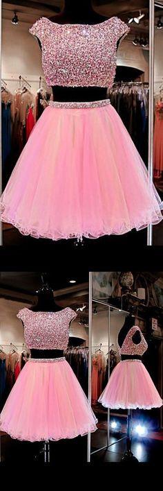 Cute Pink Homecoming Dresses Gretchen Two Pieces Jewel Beading CD9897