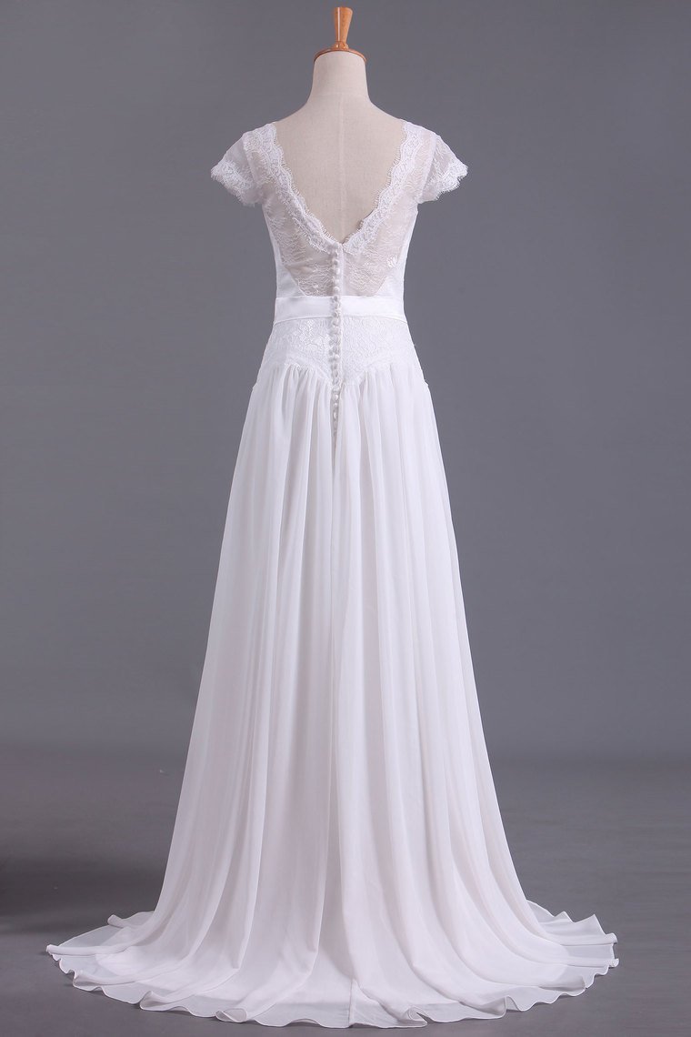 Buy 2023 Wedding Dresses V Neck Chiffon & Lace Short Sleeves Sweep ...