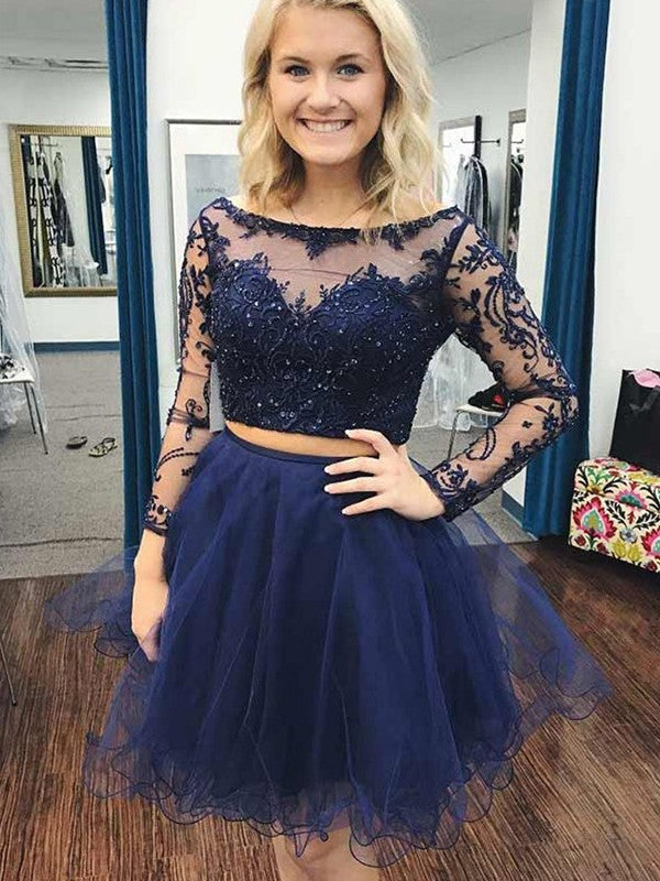 Homecoming Dresses Liliana A-Line/Princess Bateau Organza Applique Long Sleeves Short/Mini Two Piece Dresses