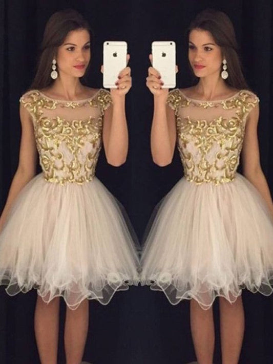 A-Line/Princess Sleeveless Scoop Homecoming Dresses Evie Paillette Tulle Short/Mini Dresses