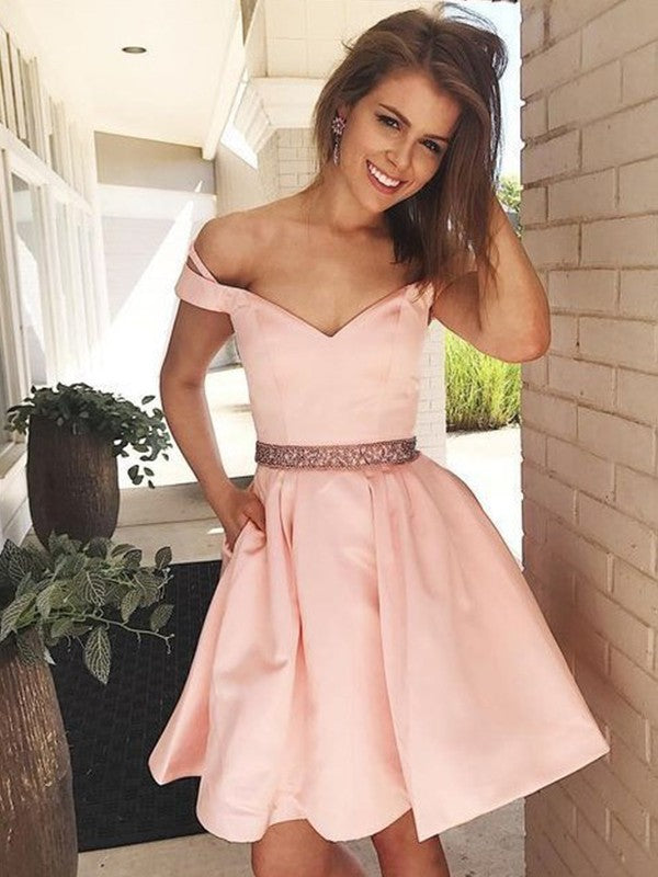 A-Line/Princess Sleeveless Off-The-Shoulder Satin Mylie Homecoming Dresses Beading Short/Mini Dresses