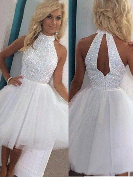 A-Line/Princess Sleeveless Halter Beading Tulle Short/Mini Elena Homecoming Dresses Dresses