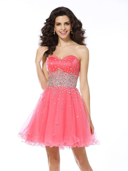 A-Line/Princess Sweetheart Beading Sleeveless Short Organza Dresses Ruby Homecoming Dresses Cocktail