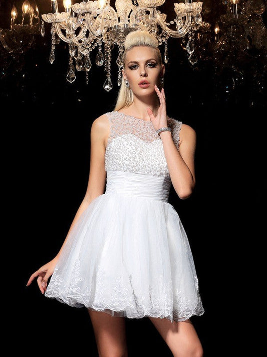 A-Line/Princess Satin Homecoming Dresses Cocktail Arielle Sheer Neck Beading Sleeveless Short Elastic Woven Dresses