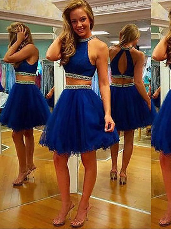 A-Line/Princess Sleeveless Halter Beading Tulle Short/Mini Two Homecoming Dresses Aryana Piece Dresses