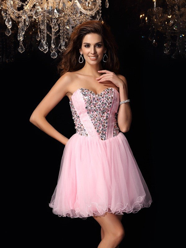 A-Line/Princess Sweetheart Ruffles Sleeveless Short Jillian Cocktail Satin Homecoming Dresses Elastic Woven Dresses