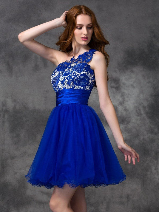 A-Line/Princess One-Shoulder Homecoming Dresses Lace Natalya Satin Sleeveless Short Dresses