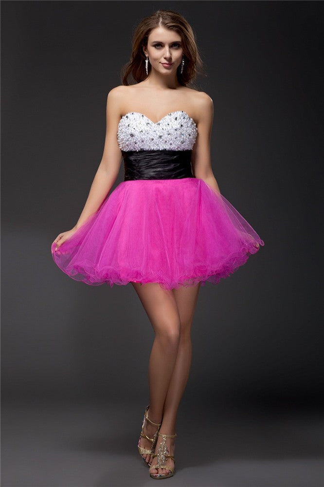 A-Line/Princess Cocktail Homecoming Dresses Satin Heidi Sweetheart Beading Sash Sleeveless Short Organza Elastic Woven Dresses