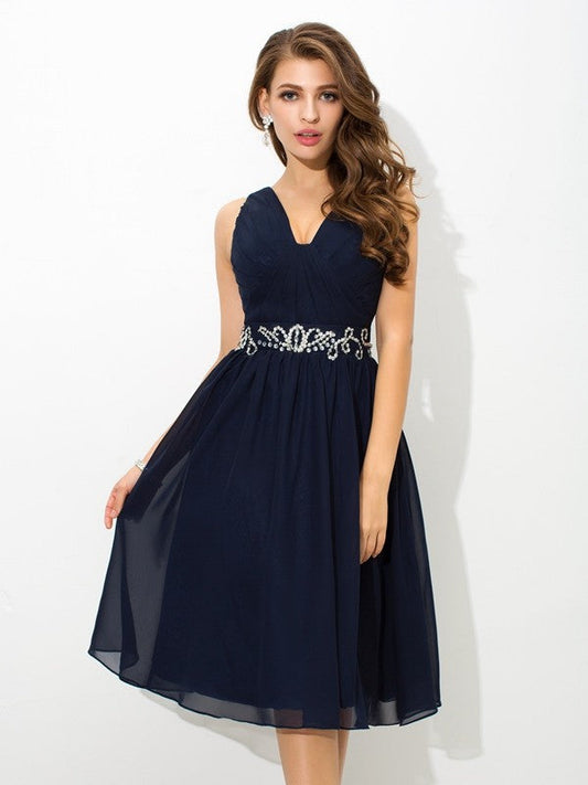 A-Line/Princess Straps Cocktail Caitlin Homecoming Dresses Chiffon Beading Sleeveless Short Dresses