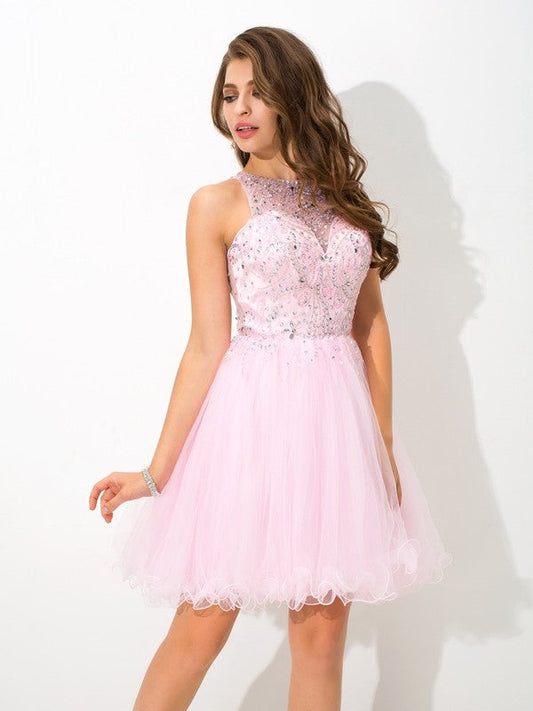 A-Line/Princess Sheer Neck Beading Sleeveless Short Cocktail Homecoming Dresses Catherine Net Dresses