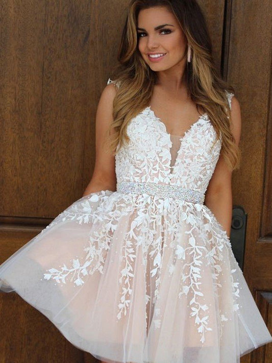 A-Line/Princess V-Neck Tulle Applique Joslyn Homecoming Dresses Sleeveless Short/Mini Dresses