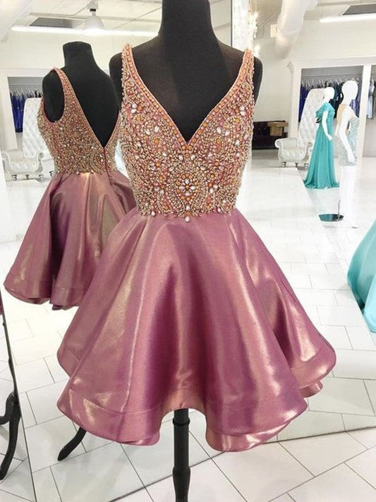 A-Line/Princess Sleeveless V-Neck Beading Clara Satin Homecoming Dresses Short/Mini Dresses