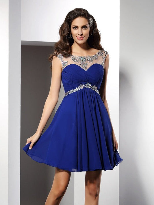 A-Line/Princess Scoop Beading Sleeveless Adelaide Cocktail Homecoming Dresses Chiffon Short Dresses