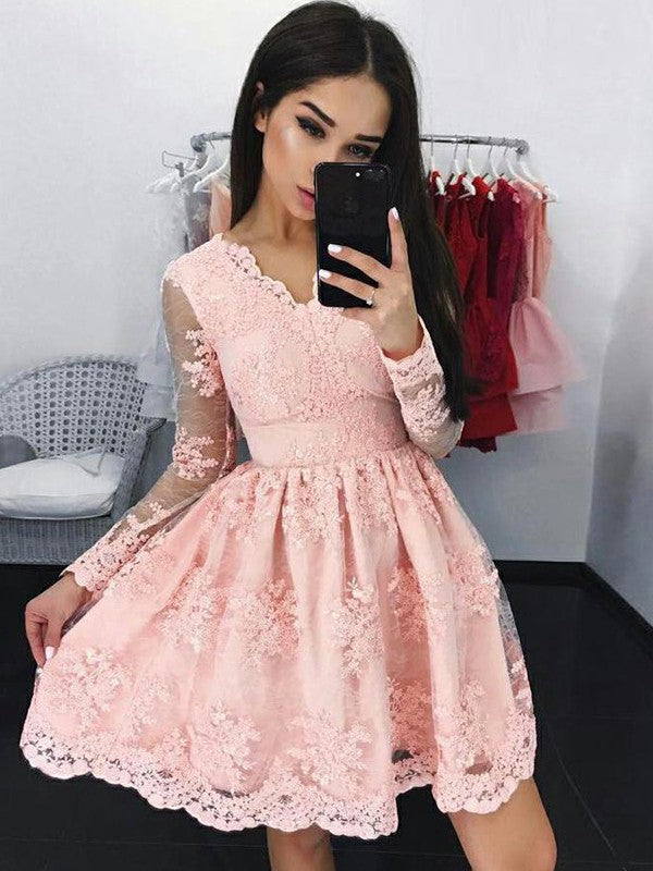 A-Line/Princess Long Sleeves Applique V-Neck Peggie Lace Homecoming Dresses Short/Mini Dresses