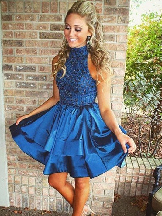 Homecoming Dresses Satin Amaya A-Line/Princess Sleeveless High Neck Beading Short/Mini Dresses