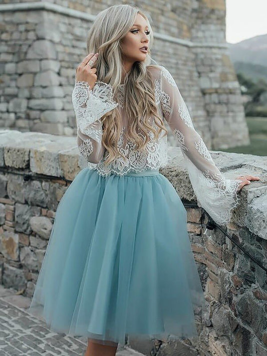 A-Line/Princess Scoop Long Homecoming Dresses Maria Sleeves Short/Mini Tulle Dresses