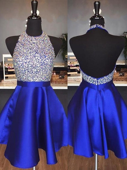 A-Line Halter Cut Short With Homecoming Dresses Royal Blue Satin Yasmin Beading