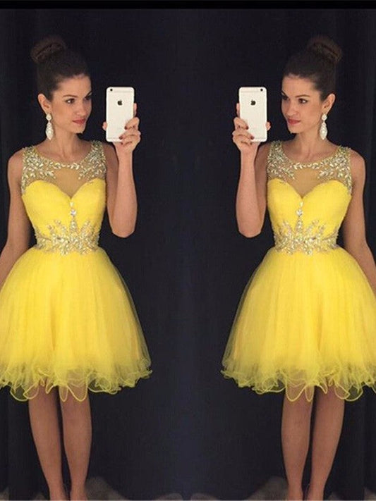 Natalia Homecoming Dresses A-Line/Princess Scoop Sleeveless Beading Tulle Short/Mini Dresses