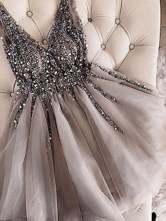 A-Line/Princess Sleeveless Savanna Homecoming Dresses V-Neck Tulle Sequin Short/Mini Dresses