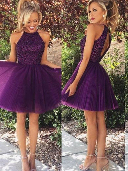 A-Line/Princess Halter Sleeveless Beading Homecoming Dresses June Short/Mini Tulle Dresses