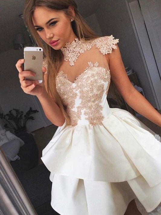 A-Line/Princess Sleeveless High Neck Satin Lilyana Homecoming Dresses Applique Short/Mini Dresses