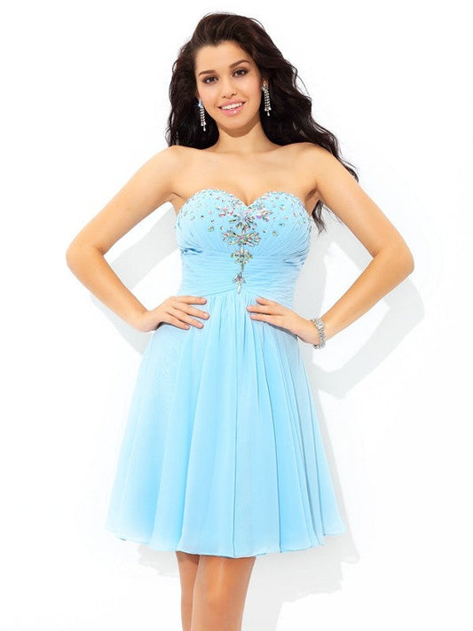 A-Line/Princess Sweetheart Beading Sleeveless Short Lea Cocktail Homecoming Dresses Chiffon Dresses