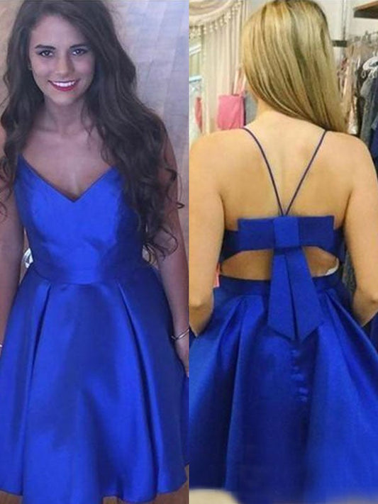 A-Line/Princess Bowknot Spaghetti Straps Homecoming Dresses Satin Marina Sleeveless Short/Mini Dresses