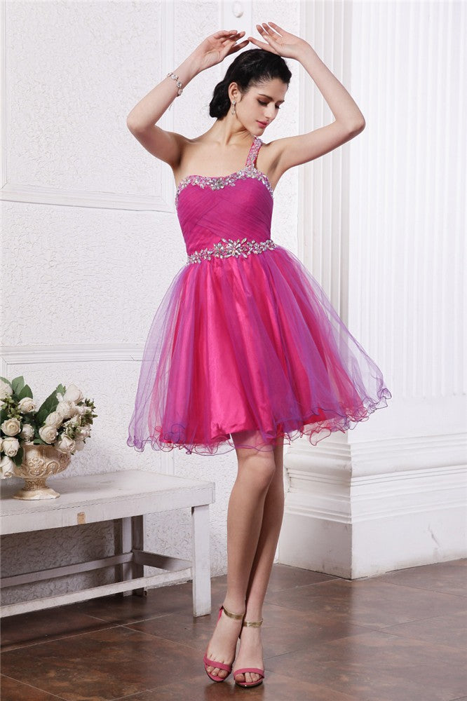 A-Line/Princess One-Shoulder Sleeveless Paula Cocktail Homecoming Dresses Beading Short Organza Dresses