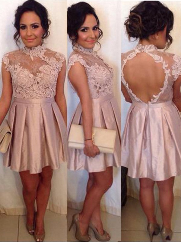 A-Line/Princess Sleeveless Homecoming Dresses Alisha Satin Lace High Neck Short/Mini Dresses