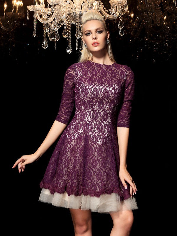 A-Line/Princess Sheer Neck 1/2 Sleeves Cocktail Irene Homecoming Dresses Lace Short Dresses