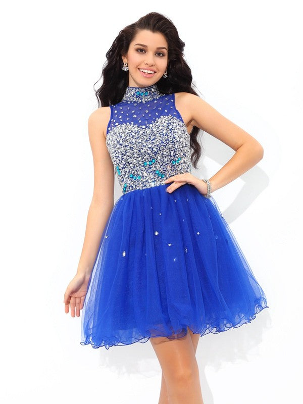 A-Line/Princess High Neck Beading Sleeveless Short Net Homecoming Dresses Cocktail Regina Dresses