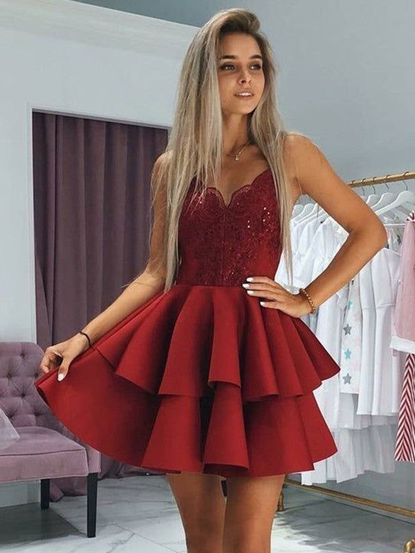 A-Line/Princess Ruffles Spaghetti Straps Homecoming Dresses Kaitlyn Satin Sleeveless Short/Mini