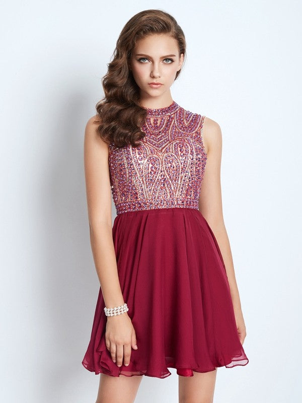 A-Line/Princess Jewel Sleeveless Beading Libby Homecoming Dresses Chiffon Short/Mini Dresses