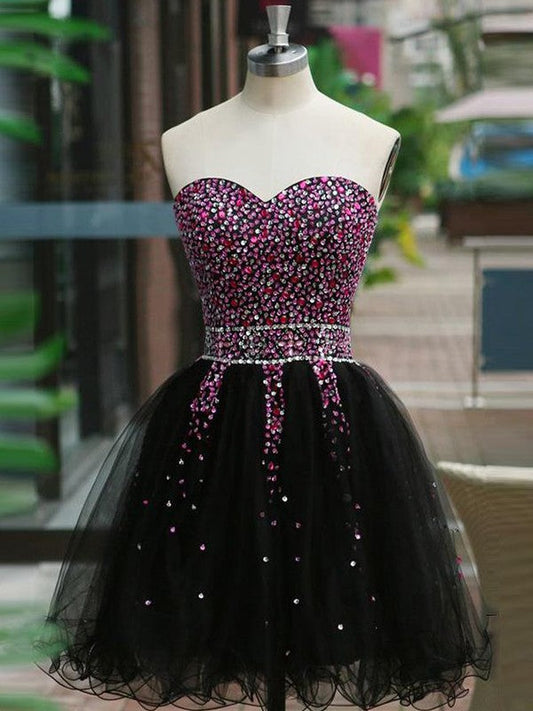 A-Line/Princess Sleeveless Sweetheart Tulle Beading Short/Mini Dresses Kathleen Homecoming Dresses