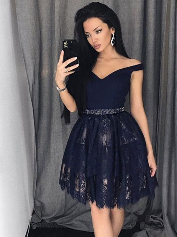 A-Line/Princess Sleeveless Off-The-Shoulder Beading Short/Mini Dresses Lace Sharon Satin Homecoming Dresses