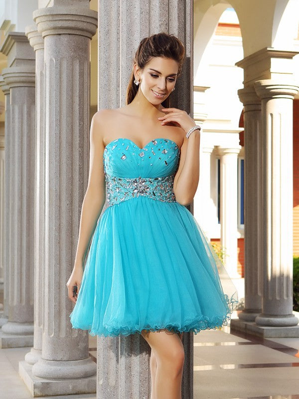 A-Line/Princess Cocktail Satin Homecoming Dresses Karly Sweetheart Ruffles Sleeveless Short Dresses