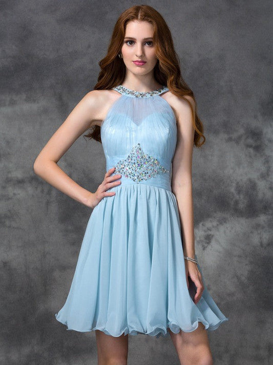 Cocktail Jazmin Homecoming Dresses Chiffon A-Line/Princess Scoop Beading Sleeveless Short Dresses