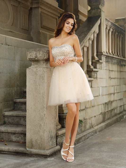 A-Line/Princess Strapless Beading Sleeveless Short Homecoming Dresses Cocktail Zaria Satin Dresses