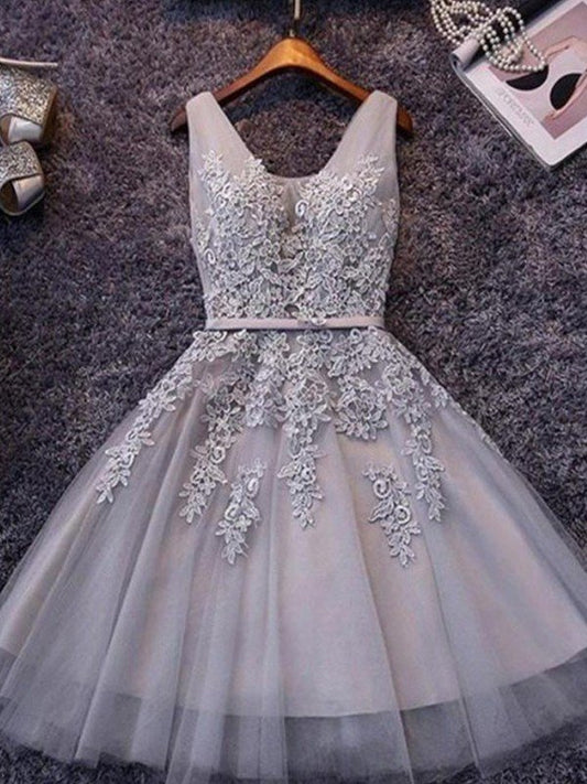 Homecoming Dresses Emery A-Line/Princess Sleeveless Straps Tulle Applique Short/Mini Dresses