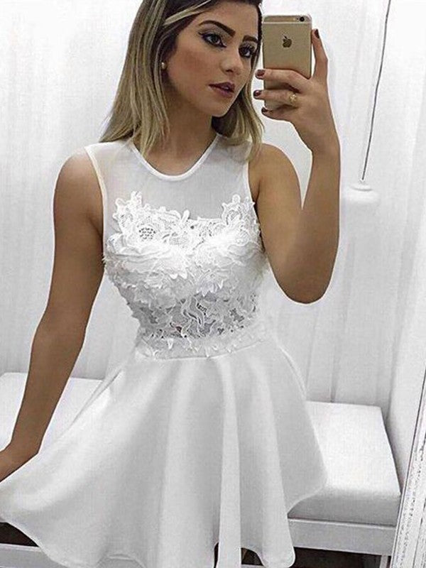 A-Line/Princess Sleeveless Homecoming Dresses Satin Dana Scoop Applique Short/Mini Dresses