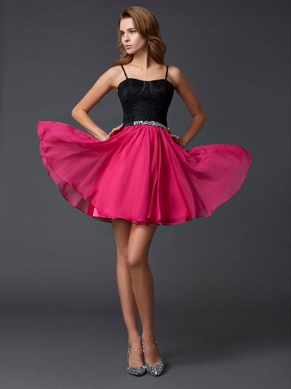 A-Line/Princess Spaghetti Straps Sleeveless Short Germaine Chiffon Homecoming Dresses